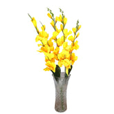 Huitich realistic silk orchid arrangements featuring vibrant yellow flowers in a clear textured glass vase